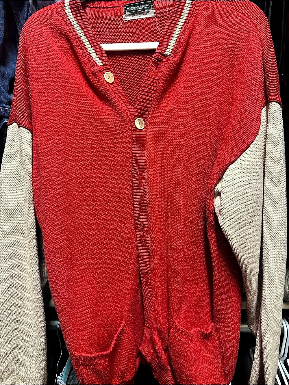 Cricket Color Block Cardigan in Red & Cream Size XL